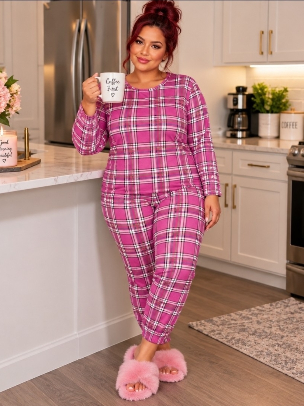 Joyspun | Pink Plaid Long Sleeve Pajama Jogger 2-Piece Set | Size M